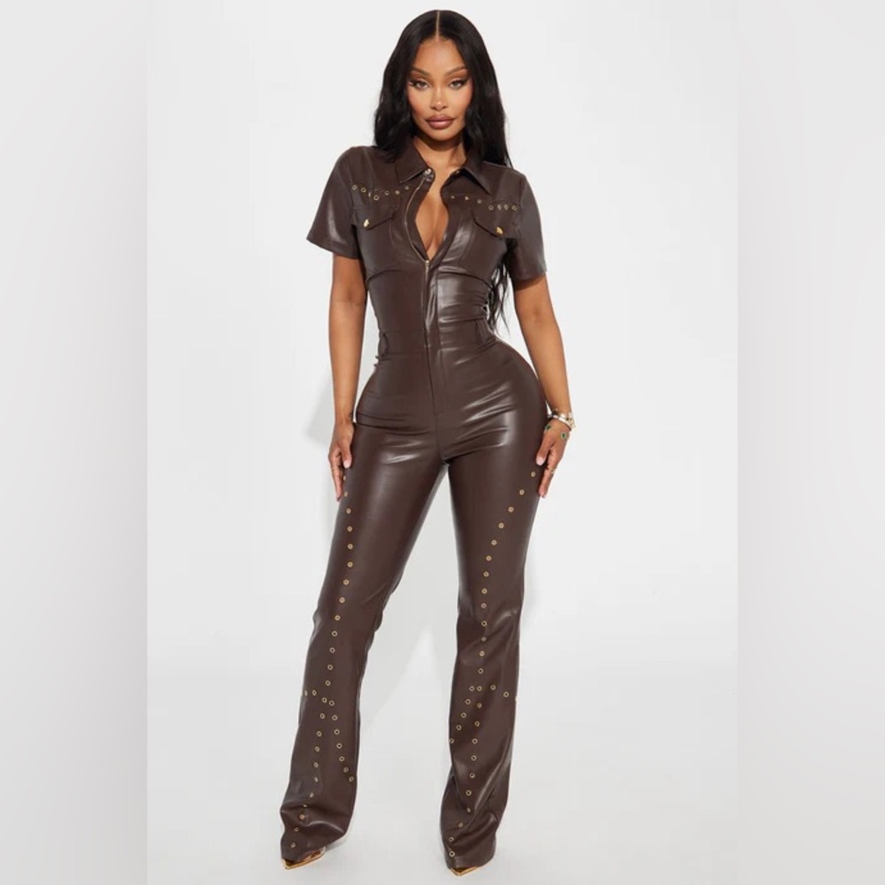 Fashion Nova Raleigh Faux Leather Jumpsuit - Brown
